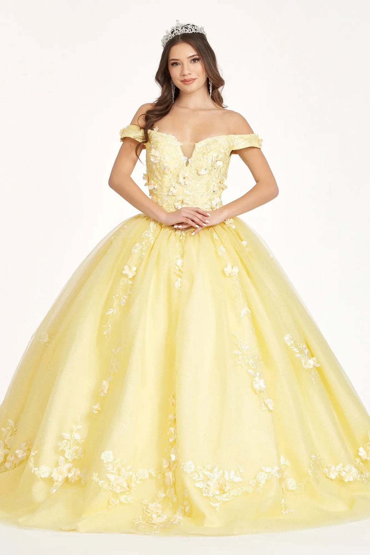 Product/embroidery embellished glitter mesh cut away shoulder quinceanera dress GLGL1958